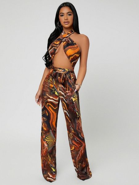

sxy allover print crisscross belted backless jumpsuit z2x4#, White