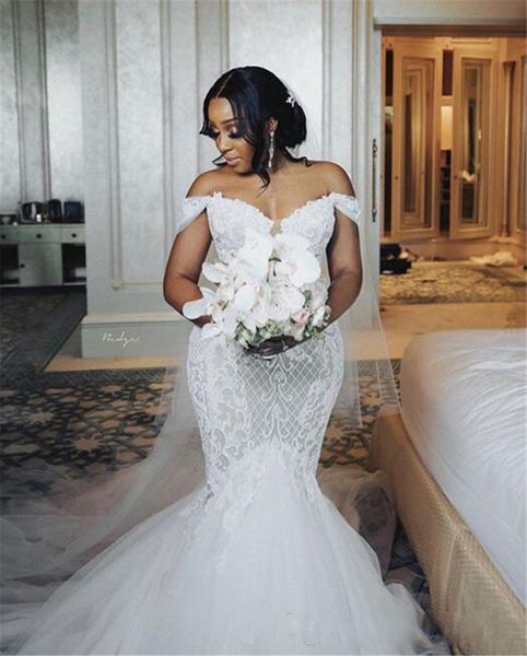 

2021 mermaid wedding dresses modest plus size off shoulder trumpet bridal gowns sweep train tulle lace african bridal gowns custom made, White
