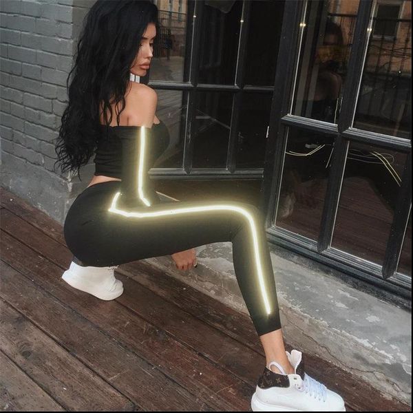

autumn 2 piece set women suit reflective stripes strapless crop legging skinny outfit female fitness workout two piece set, Gray