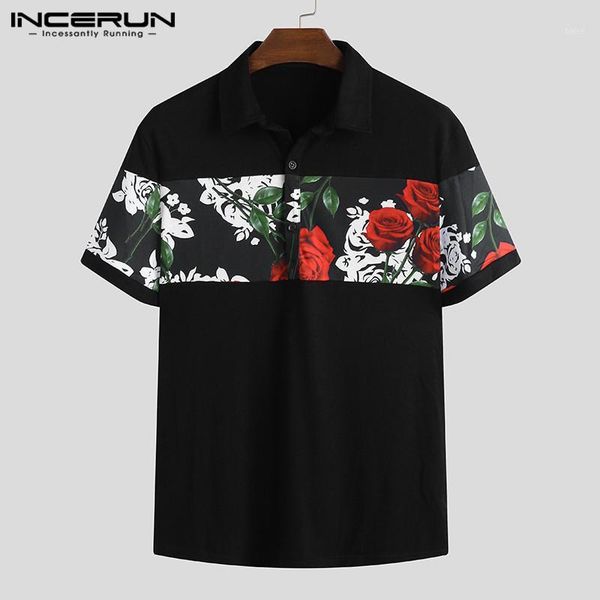 

incerun summer fashion shirt men short sleeve flower print patchwork slim casual turn-down collar streetwear 2020 camisa1, White;black