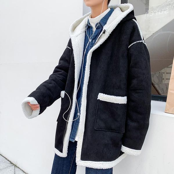 

men's down & parkas lambswool retro jacket men hooded loose casual oversized patchwork fashion thicken korean ropa hombre winter coat d, Black
