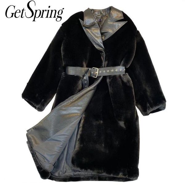 

getspring women winter jacket fake fur coat thickened long overcoat long sleeve belt imitation hair winter coat autumn, Black