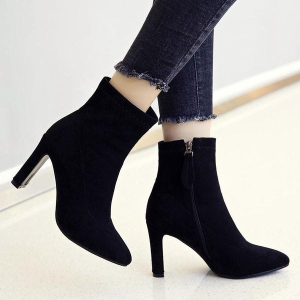 

boots yqbtdl 2021 winter elegant lady office black high heel stretch sock faux nubuck suede ankle womens shoes1