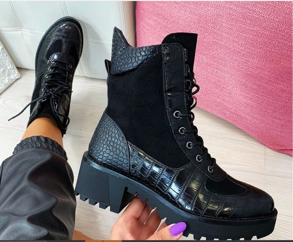 

new 2020 winter women boots square heel snakeskin boots genuine leather lace up ankle plus size 35-43 botas mujer #wi0d, Black