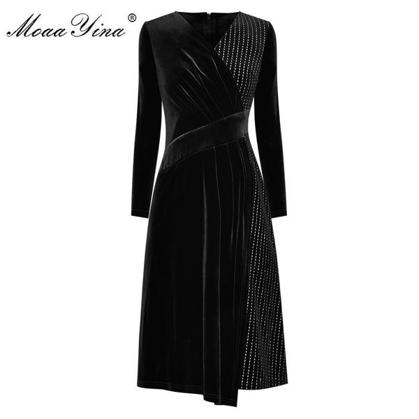 

moaayina fashion designer dress spring women's dress v-neck long sleeve stripe ruched velvet dresses, Black;gray