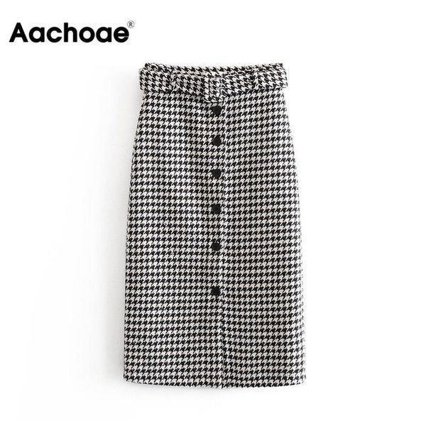 

aachoae women skirts vintage elegant tweed houndstooth midi skirt with belt fashion office ladies chic plaid split skirt y200326, Black