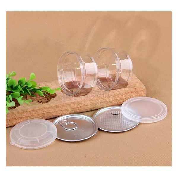 

clear plastic jar pet with metal lid airtight tin can pull ring bho oi concentrate container food herb storage 100ml hwf1278