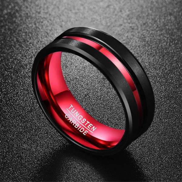 

brand designer 8mm wide never fade tungsten aprilgrass steel rings with groove red men's engagement wedding band ring, Silver