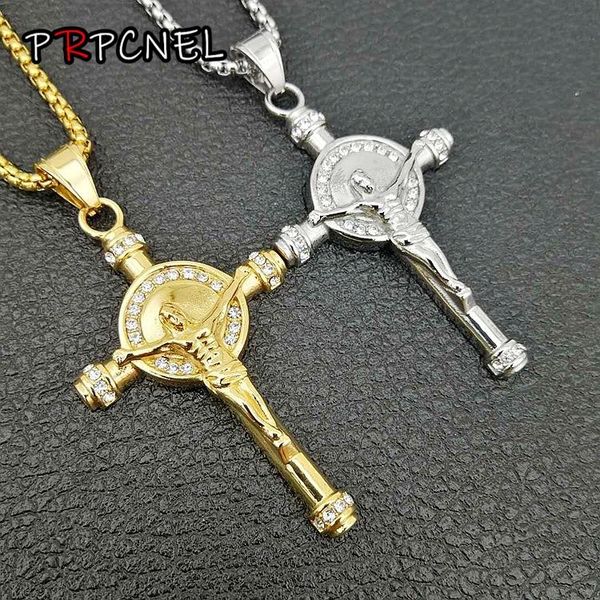 

hip hop gold silver color cross christ jesus pendant necklace stainless steel link rolo chain heavy men jewelry gift