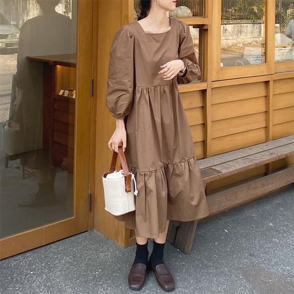 

2021 stylish gentle square collar chic loose solid cake women vestidoes sweet comfortable retro new long dresses, Black;gray