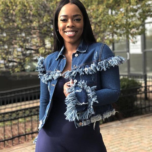 

cropped fringe blue jean jackets women spring autumn fashion african ladies casual plus size 2xl outerwear crop denim jacket1, Black;brown