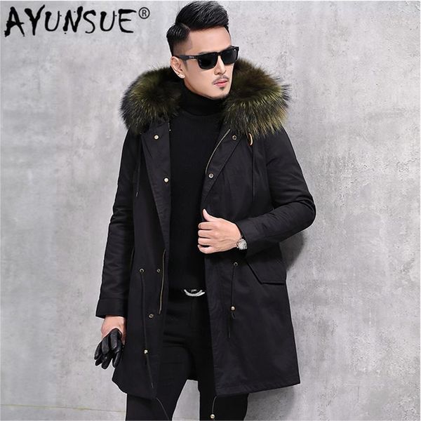 

ayunsue winter jacket men real pure fur jackets men natural raccoon fur coat parka male long overcoat windbreaker mg-026 lx23651, Black