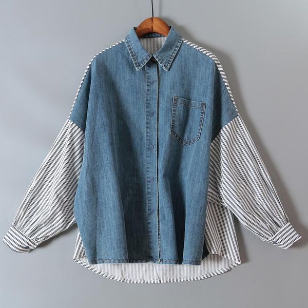 

женщины рубашки 2020 весна новый ретро свободная джинсовая шищеная блузка с длинным рукавом, White