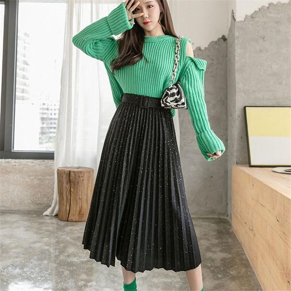 

women fashion shiny skirt retro high waist pleated skirt autumn winter skirts with blet1, Black