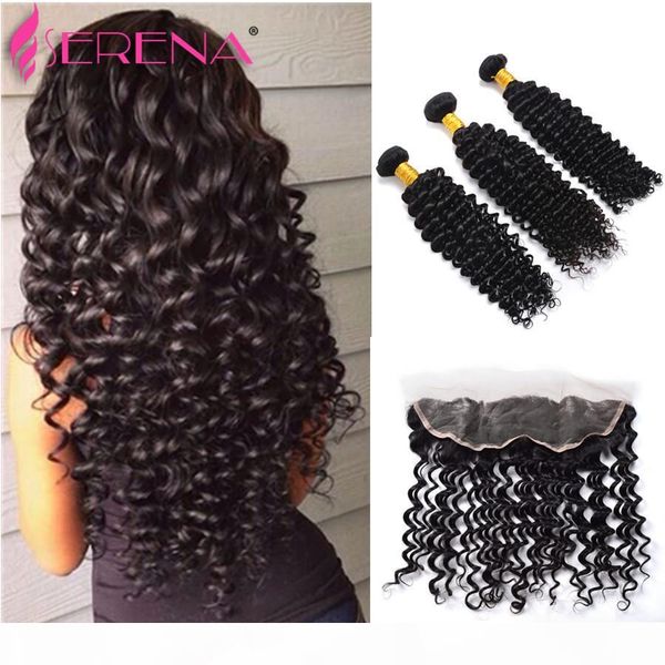 

peruvian deep wave with closure 4 bundles ear to ear lace frontal with baby hair human hair lace frontal with bundle full lace, Black;brown