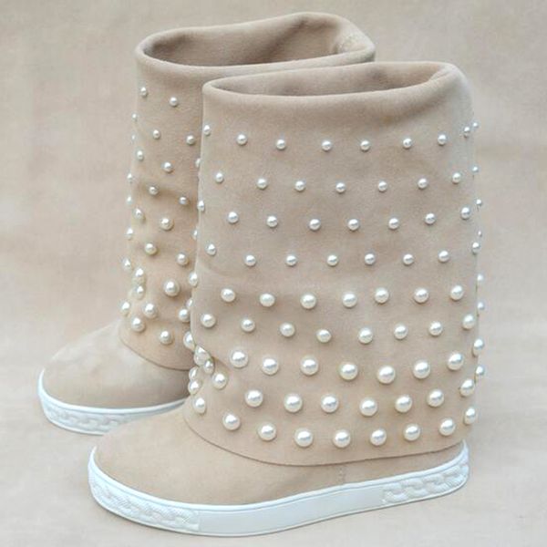 

frizzy white autumn pearls mid-calf for women increasing height boots mdqp, Black