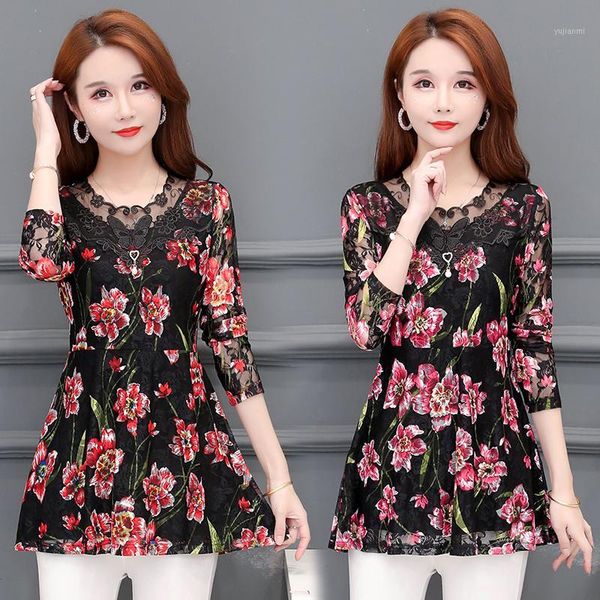 

spring autumn female hollow out lace shirts women long sleeve floral print and blouses1, White