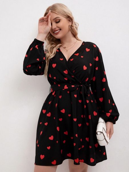 

plus heart print lantern sleeve belted dress l9dl#, Black