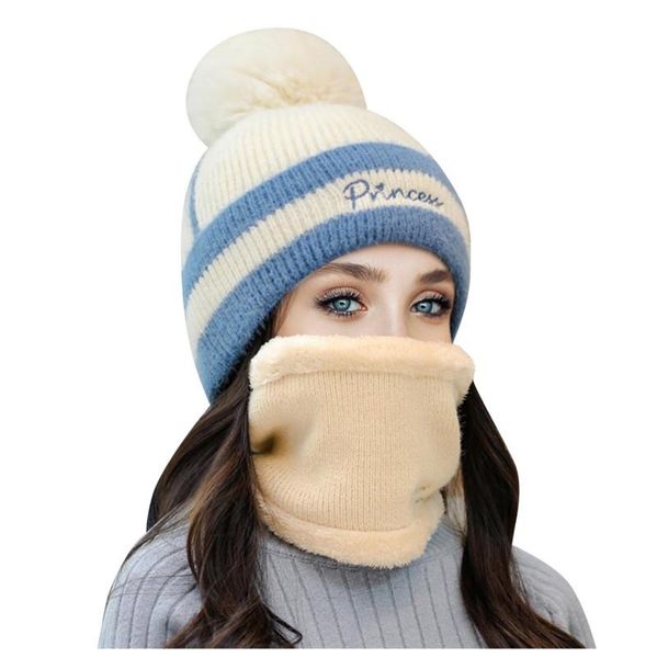 

fashion women winter knit hat ball collar set thick warm solid earmuff hat caps neck warmer winter for ladies girls 2021, Blue;gray