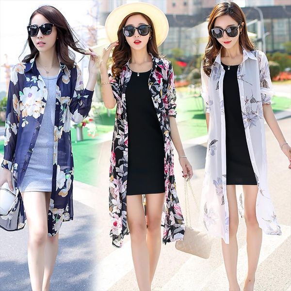 

tingyili boho cardigan women summer sun protection long sleeve chiffon shirts vintage flower print beach long kimono cardigan, White