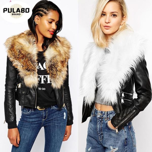 

plus size winter women's zipper locomotive faux fur leather short jacket imitation fur collar splice leather long sleeved coat, Black