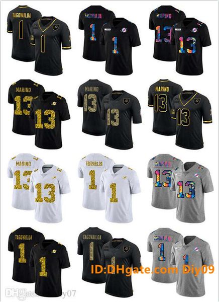 

мужчины женщины молодежи майами дельфины джерси 1 tua tagovailoa 13 дэн марино леопардовый принт ориентирован salute для обслуживания нфл ма, Black;red