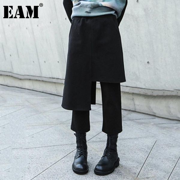 

eam] high elastic waist black irregular long wide leg trousers new loose fit pants women fashion tide spring autumn 2020 1da991, Black;white