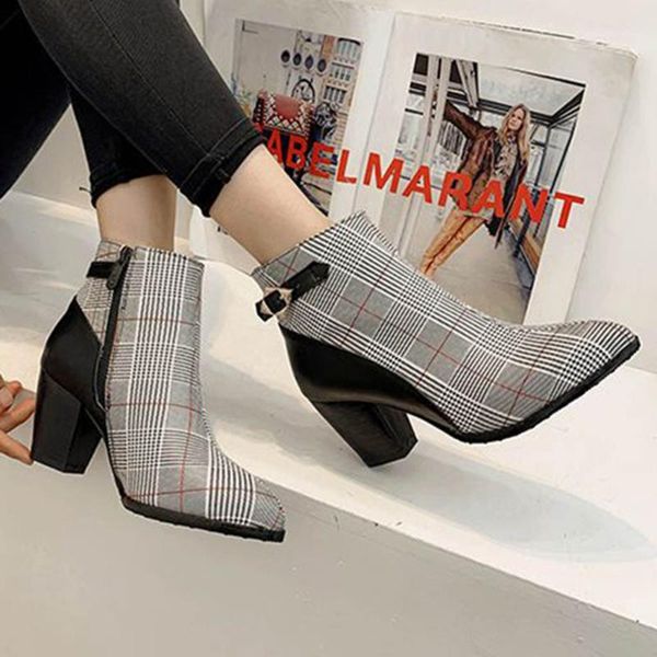 

plaid ankle boots for women 2021 autumn and winter stitching color chunky heels high-heeled buckle strap women1, Black