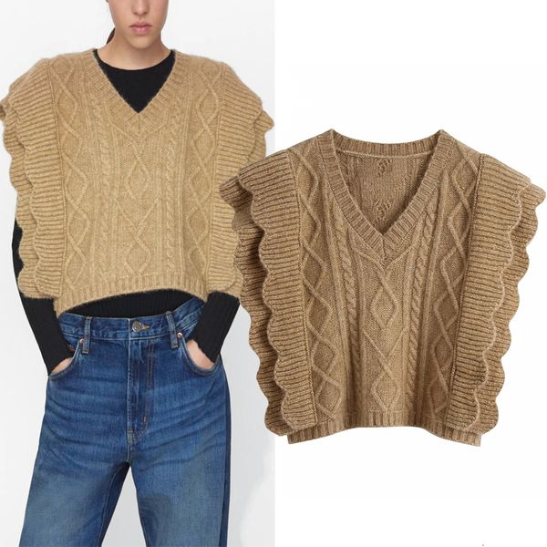 

2021 new cable knitting women ruffle v neck sleeveless cropped knitted sweater vest ladies loose casual jersey c011, White;black
