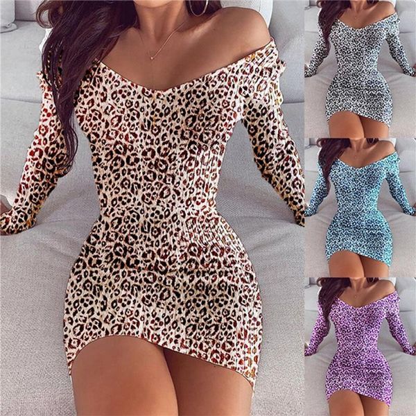 

2021 new autumn slim dress women leopard print long sleeve v-neck bodycon dresses mini party plus size dress vestidos, Black;gray