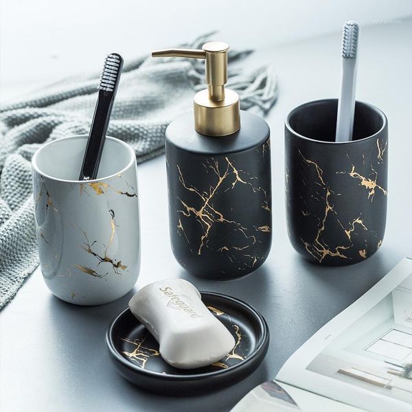 

bath accessory set nordic luxury marbled ceramic bathroom five-piece creative toothbrush mouth mug wedding gift wash set1