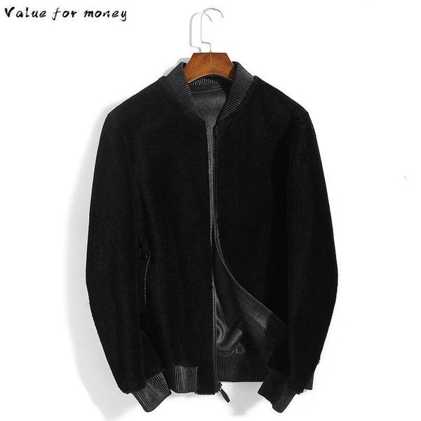 

мех настоящий пальто мужская куртка зима 100% шерстяная овцы сдвигающий короткий корейский бомбардировщик куртка erkek mont 2020 k9sy028 kj3, Black