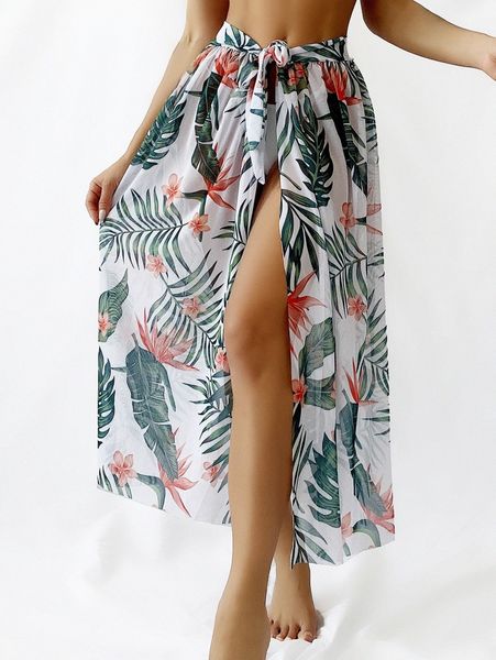 

floral & plant print tie waist cover up skirt t1lf#, White;black