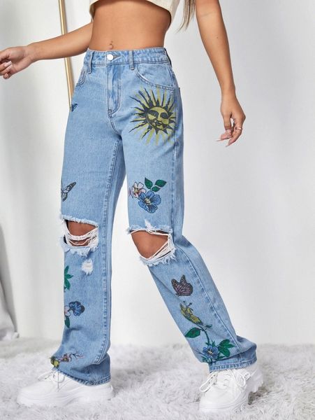 

floral & sun figure pattern ripped wide leg jeans s7wa#, Blue