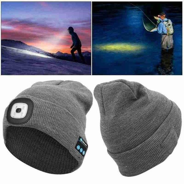 

winter knitted beanie hat with light earphone bluetooth led light luminous outdoor mountaineering handmusic headphone hat, Blue;gray