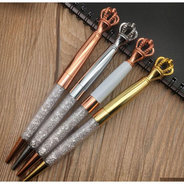 

new diamond crown ballpoint pens classical color rosegold silver gold metal pen with bling little crystal student writing gift qvxo5, Blue;orange