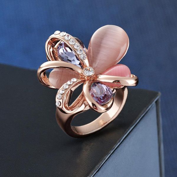 

cluster rings european and american style fashion jewelry large petal opal ring crystal inlaid with multiple zircons high quality, Golden;silver
