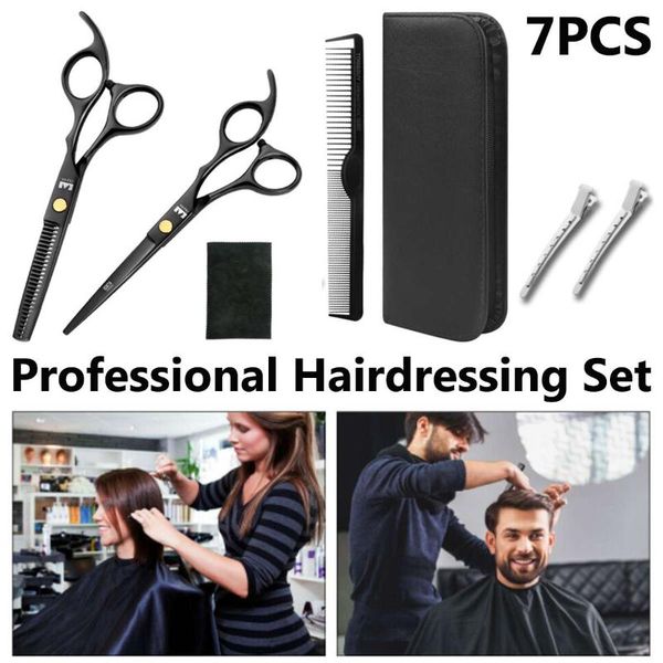 

7pcs волос ножницы set 6" cutting профессиональные волос ножницы черный dresser scissor парикмахерского barber разбавление scissor