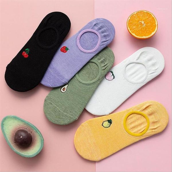 

fruit embroidery women short socks breathable cotton boat socks non-slip silicone low cut invisible female lady calcetines1, Black;white