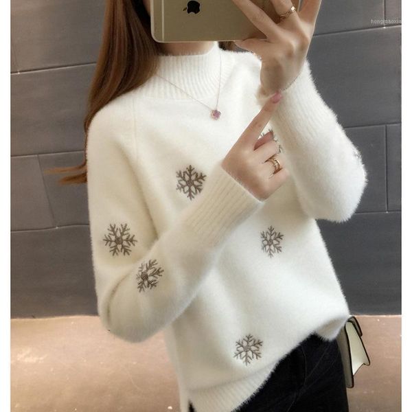 

sweater women turtleneck pullover jumper new imitated mink embroidery snow flower sweter women clothes vestidos lxj90021, White;black
