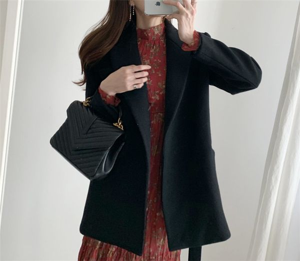 

2021 new elegant korean women's autumn sashed thin woolen lapel collar solid camel wool warm black jacket ocj3