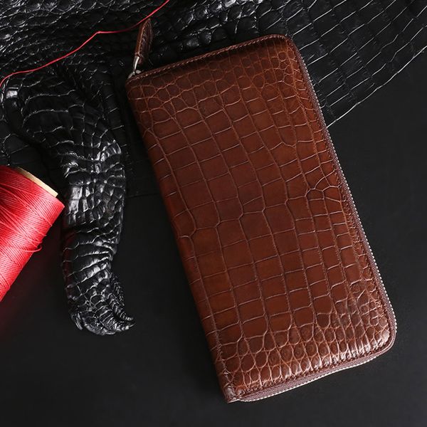 2023 Neue schwarze Krokodil-Bauchbrieftasche für Herren, lange, nicht spleißende braune Business-Freizeit-Multi-Card-Reißverschluss-Handtasche