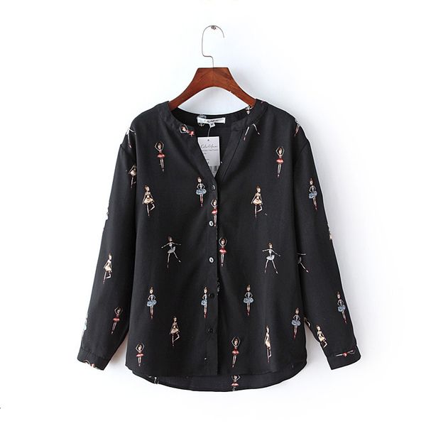 

2021 new women long sleeve dancer ballet girl printed v-neck slim women's chiffon shirt fashion shirts gvgw, White