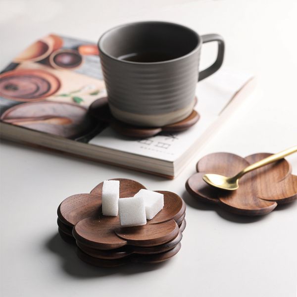 

table decoration black walnut coasters office coffee insulating solid wood creative petal cushion cup wood insulating coasters t3i51602