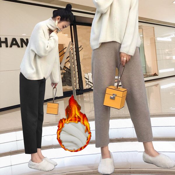 

pregnant women's autumn winter fashionable pants wear chaoma loose knitted capris with net red and velvet thickened bottoming, White