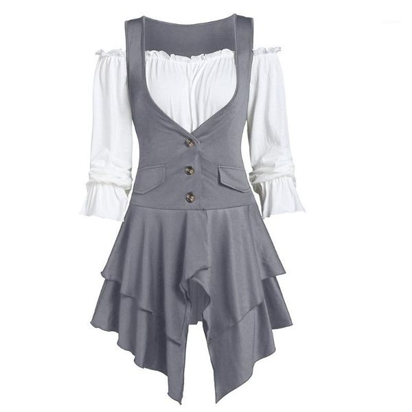 

2 pcs/set plus size buttons tunic blouse irregular casual winter lady pocket female women long sleeve shirt blusas pullover1, White