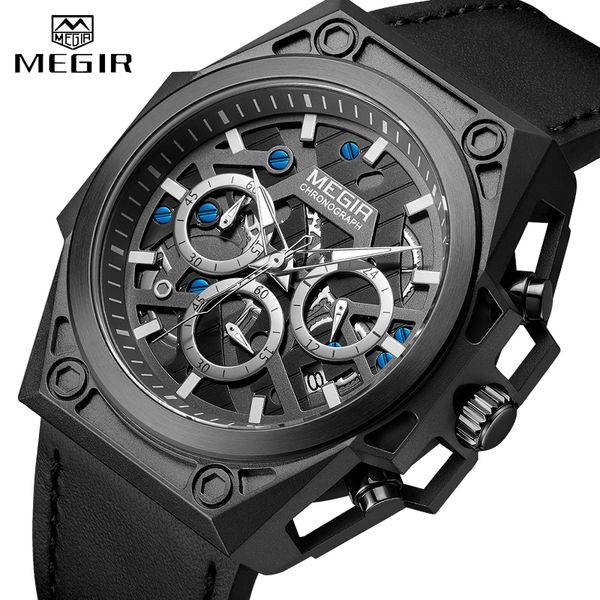 

brand megir men's watch leather luminous waterproof sports quartz watch men's chronograph clock date calendar, Slivery;brown