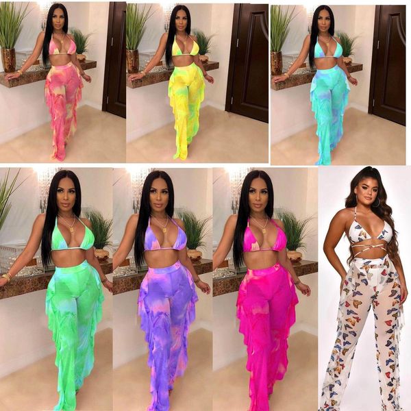 

2020 новая летняя галстука красятая принт женщин холтер v-образным вырезом топ-оборками сращивание брюки круг для двух частей набор пляжный, Gray