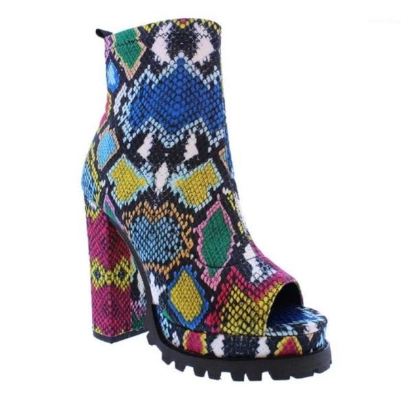 

bright color boots women 2020 new zipper snake pattern waterproof platform high-heeled thick-soled open toe low boots1, Black