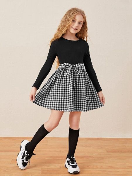 

girls rib-knit belted buffalo plaid dress she, Red;yellow